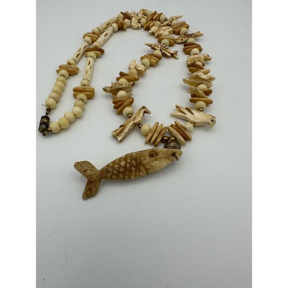 Vintage Navajo Carved Bone Necklace 13" Fish, Bird, Turtle, Bear, Lion - Picture 4 of 10